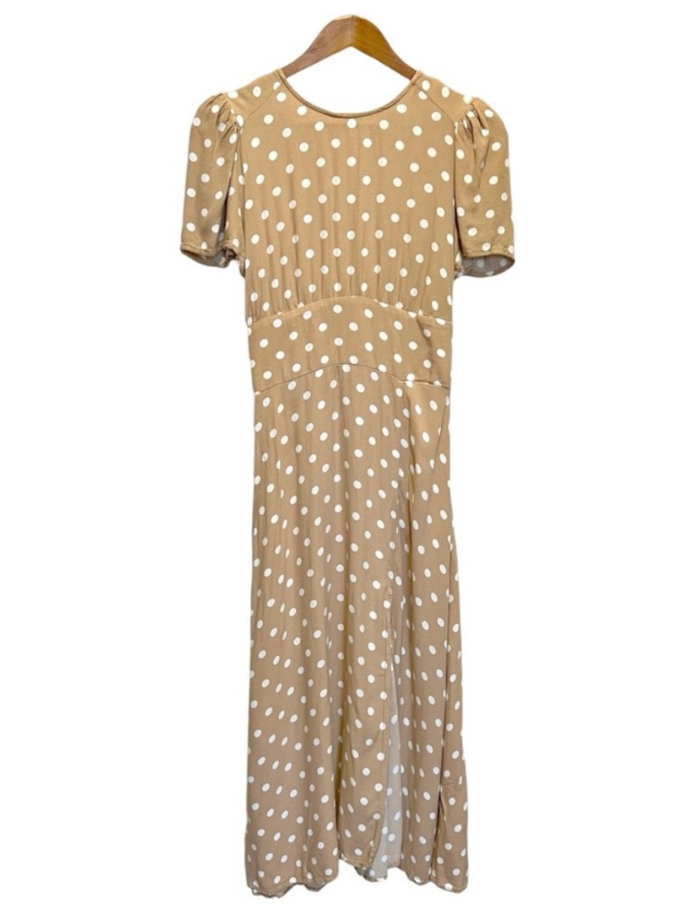 AFRM Maxi Dress Polka Dot Tan White Size Medium Vintage Style Leg Slit